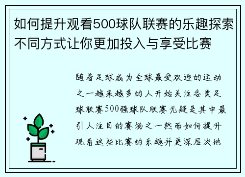 如何提升观看500球队联赛的乐趣探索不同方式让你更加投入与享受比赛