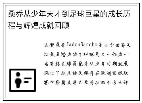 桑乔从少年天才到足球巨星的成长历程与辉煌成就回顾